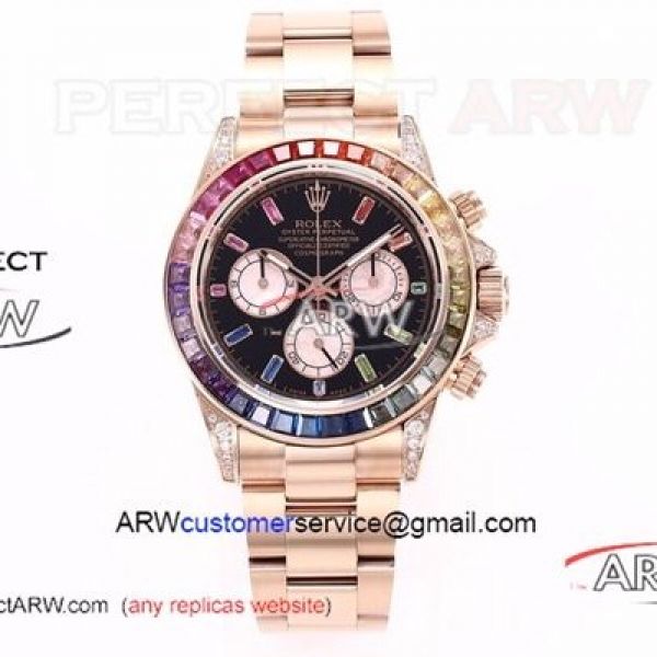 BL Factory Swiss 4130 Rolex Rainbow Daytona Everose Gold 40MM Watch - Rose Gold Case Black Face Oyster Band